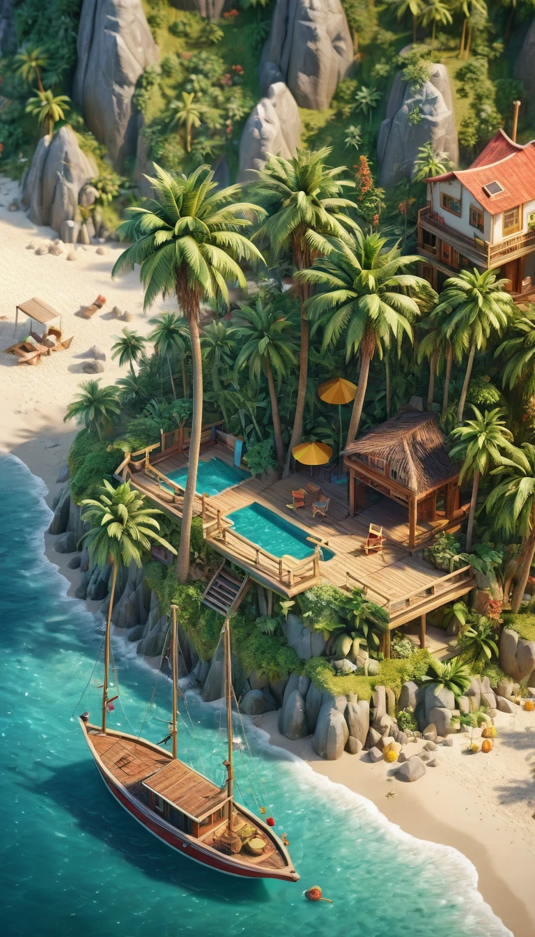 (Isometric Art:1.5),The art of math,Mountains,Fall,beach,Boat,Palm tree,(high quality,Masterpiece,Octane Rendering,Ray Tracing,Extremely detailed,3d,8k:1.5) ,Isometric projection