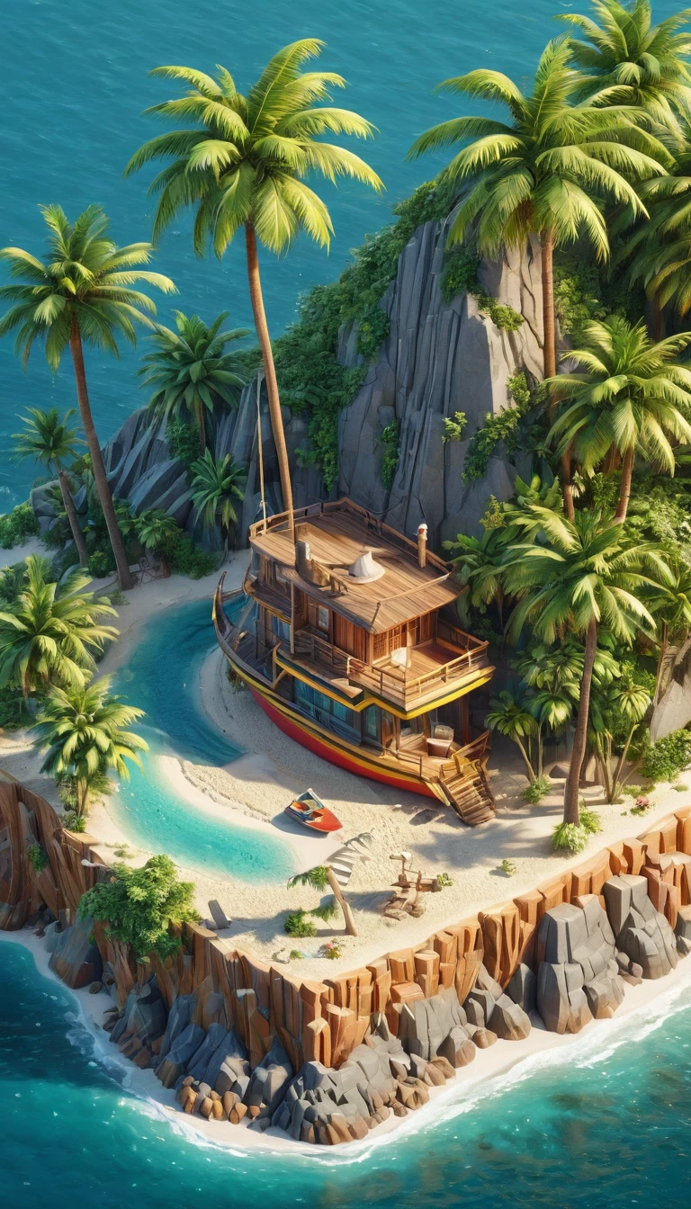(Isometric Art:1.5),The art of math,Mountains,Fall,beach,Boat,Palm tree,(high quality,Masterpiece,Octane Rendering,Ray Tracing,Extremely detailed,3d,8k:1.5) ,Isometric projection