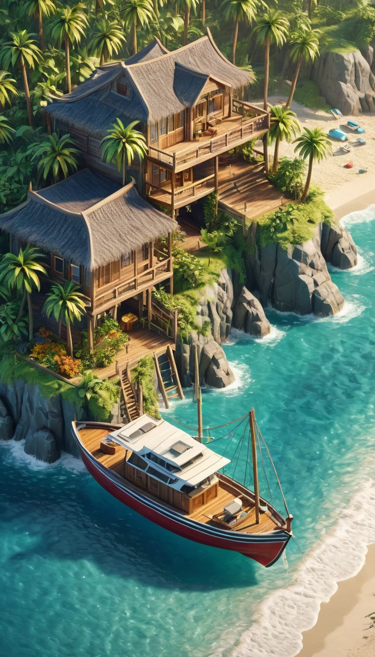 (Isometric Art:1.5)，The art of math，Mountains，Fall，beach，Boat，Palm tree，(high quality，Masterpiece，Octane Rendering，Ray Tracing，Extremely detailed，3d，8k:1.5) ，Isometric projection