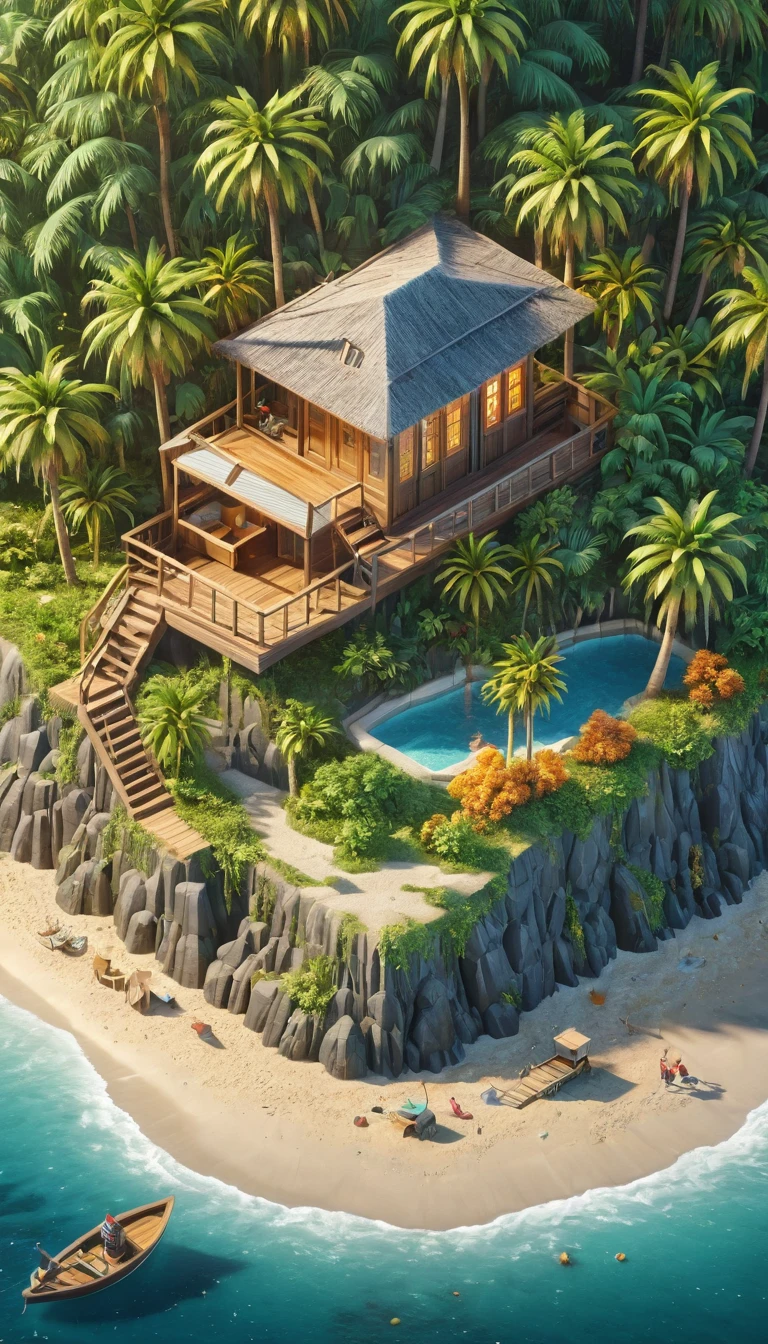 (Isometric Art:1.5)，The art of math，Mountains，Fall，beach，Boat，Palm tree，(high quality，Masterpiece，Octane Rendering，Ray Tracing，Extremely detailed，3d，8k:1.5) ，Isometric projection