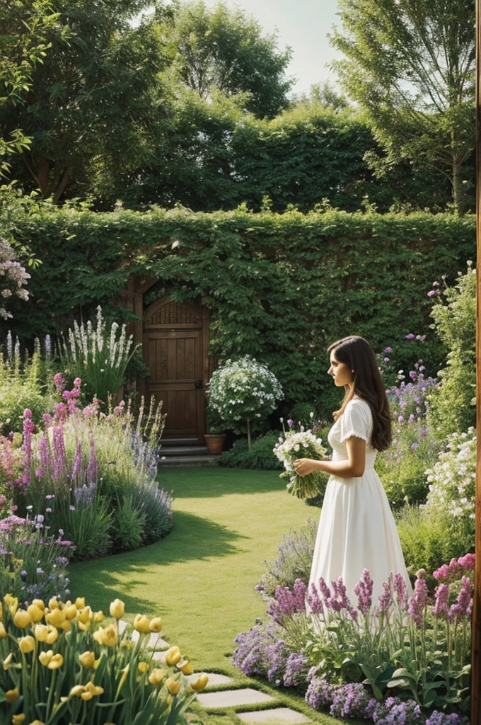 Create a picture of woman in a garden