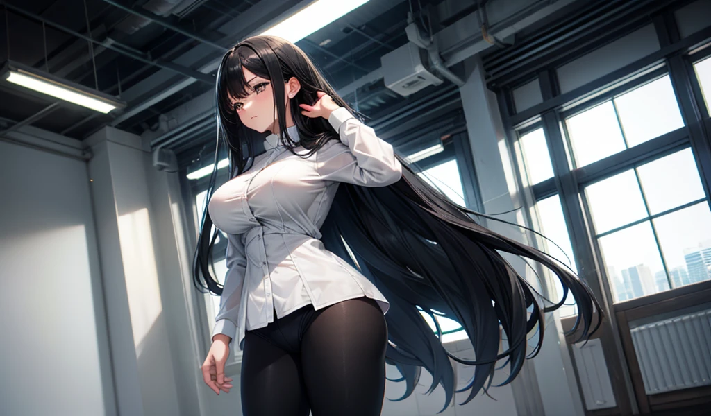 Adult woman with long straight black hair and huge breasts，white open collar shirt，underwear，Black tights，Standing，indoor