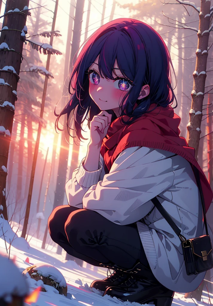 aihoshino, Ai Hoshino, Long Hair, bangs, (Purple eyes:1.1), Purple Hair, (Symbol-shaped pupil:1.5), smile,,smile,blush,white breath,
Open your mouth,snow,Ground bonfire, Outdoor, boots, snowing, From the side, wood, suitcase, Cape, Blurred, , forest, White handbag, nature,  Squat, Mouth closed, Cape, winter, Written boundary depth, Black shoes, red Cape break looking at viewer, Upper Body, whole body, break Outdoor, forest, nature, break (masterpiece:1.2), Highest quality, High resolution, unity 8k wallpaper, (shape:0.8), (Beautiful and beautiful eyes:1.6), Highly detailed face, Perfect lighting, Highly detailed CG, (Perfect hands, Perfect Anatomy),