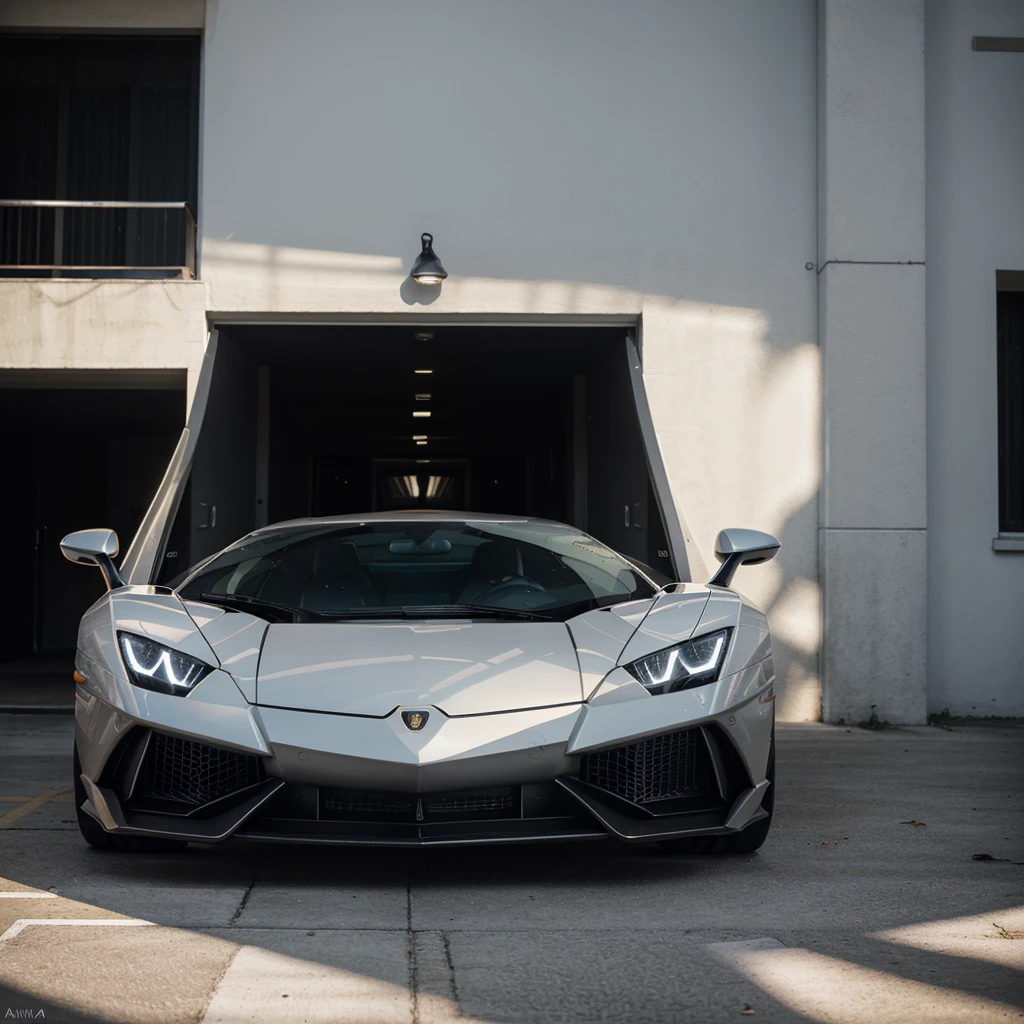 masterpiece, best quality, Ultra-high resolution, original photo, 35mm lens, Aperture F1.4, poster, Light and Shadow, A Lamborghini, Body in white, Carbon fiber texture