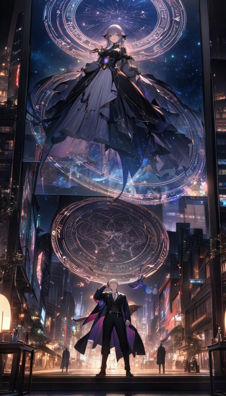 best quality, Ultra-high quality, 16K, Ridiculous, Very detailed, Delicate and dynamic, mysterious,Two characters, A man looks up at the starry sky with a demon standing behind him,Costume,City,Night view,The Glory of the Magic Circle,The character is at the bottom of the screen,Vision,