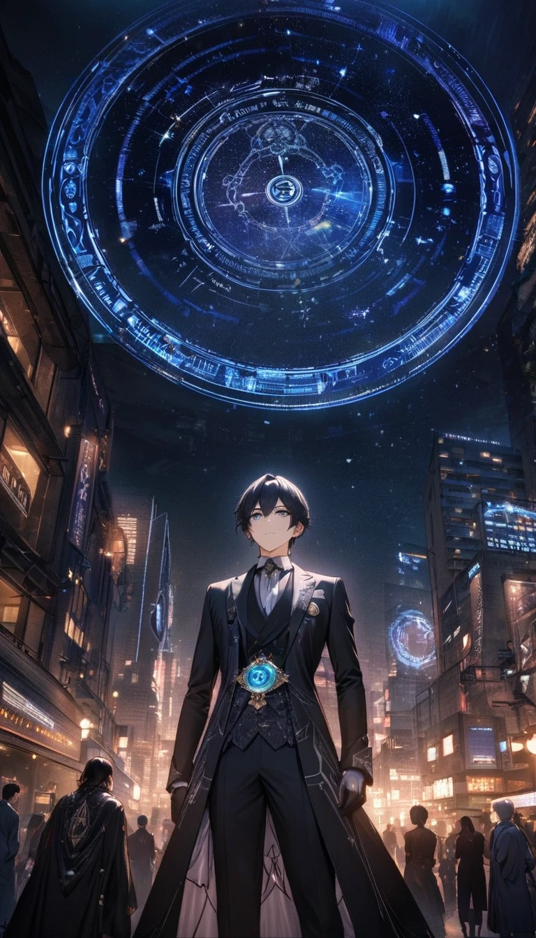 best quality, Ultra-high quality, 16K, Ridiculous, Very detailed, Delicate and dynamic, mysterious,Two characters， A man looks up at the starry sky with a demon standing behind him，Costume，City，Night view，The Glory of the Magic Circle，The character is at the bottom of the screen，Vision，