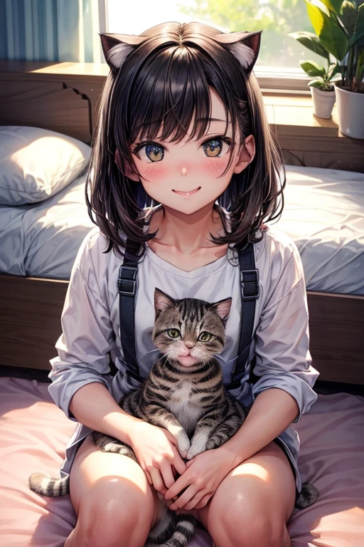 3 kittens,A man and his kitten,Man surrounded by kittens,smile,Refreshing Men,とびっきりの優しいsmile,Mouth wide open,blush,猫もsmile,room,bed