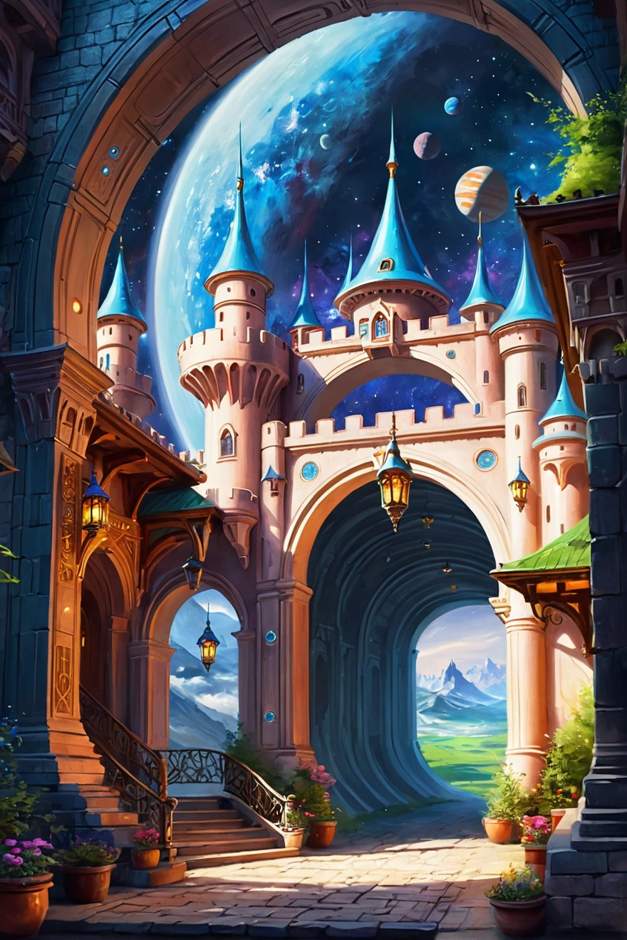 painting, Beautiful fairy tale, Dream Castle, Technology elements，Space station elements, A cool archway, Art, 华丽的数字painting, of colors