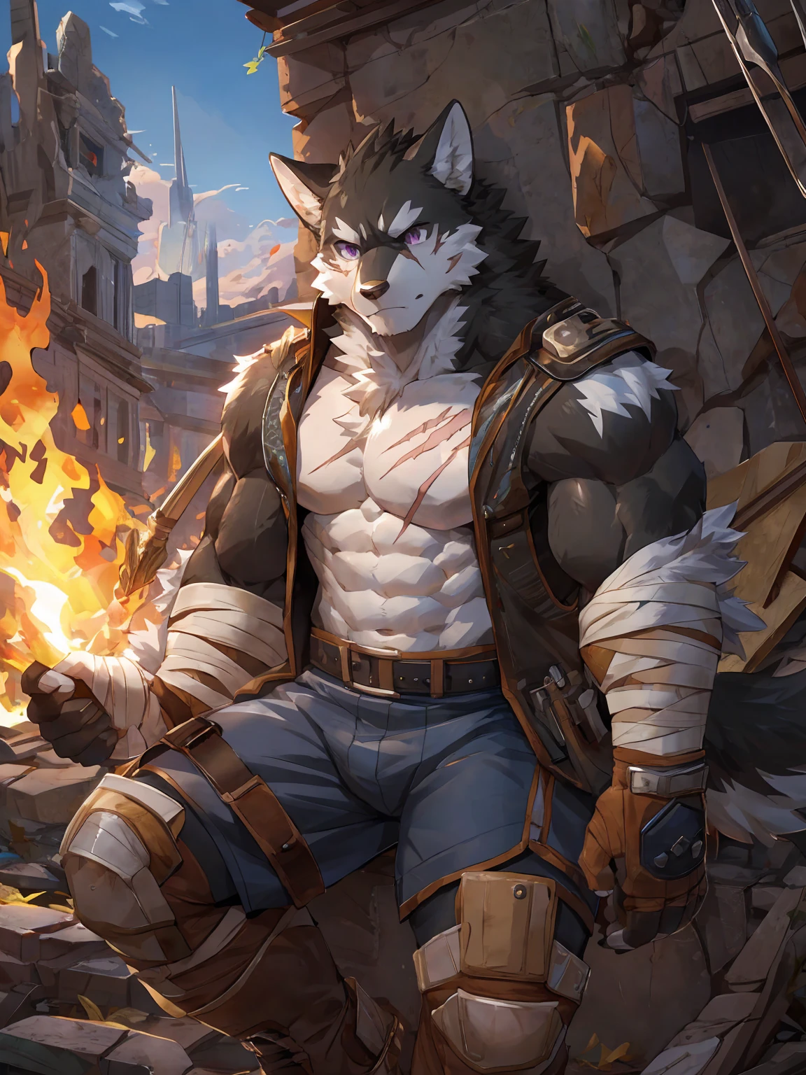 embedding:black wolf, male,purple eyes,Scar on the face, scar on the body,Single person,The end of the world,sit in the ruins,His leg was bandaged,A shabby uniform,Modern cities,A heavy expression,Serious expression, a little sad.Fleshy thighs,Thigh straps,With an iron bar in his hand,The highest quality of scene detail,adult,Tall and powerful,muscle，Best quality hands, best quality eye，detailed fur，Delicate eyes.Extreme picture quality，by sollyz,by zixiong,by milkytiger1145
