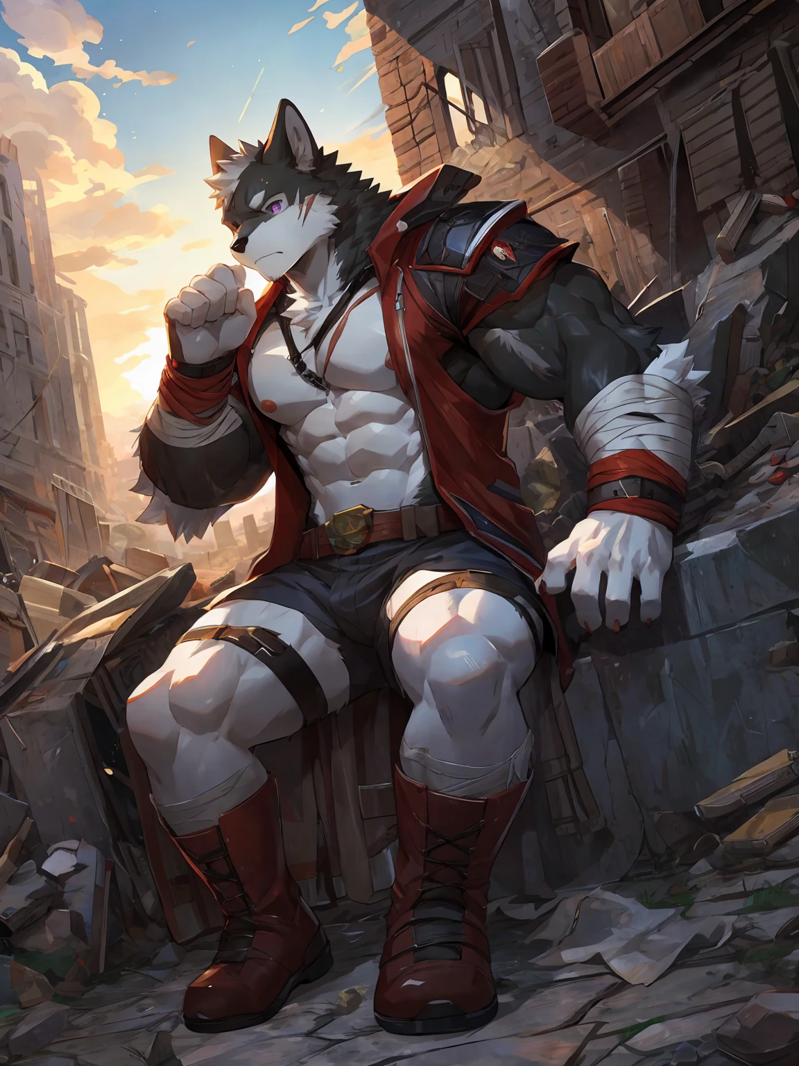 embedding:black wolf, male,purple eyes,Scar on the face, scar on the body,Single person,The end of the world,sit in the ruins,His leg was bandaged,A shabby uniform,Modern cities,A heavy expression,Serious expression, a little sad.Fleshy thighs,Thigh straps,With an iron bar in his hand,The highest quality of scene detail,adult,Tall and powerful,muscle，Best quality hands, best quality eye，detailed fur，Delicate eyes.Extreme picture quality，by sollyz,by zixiong,by milkytiger1145