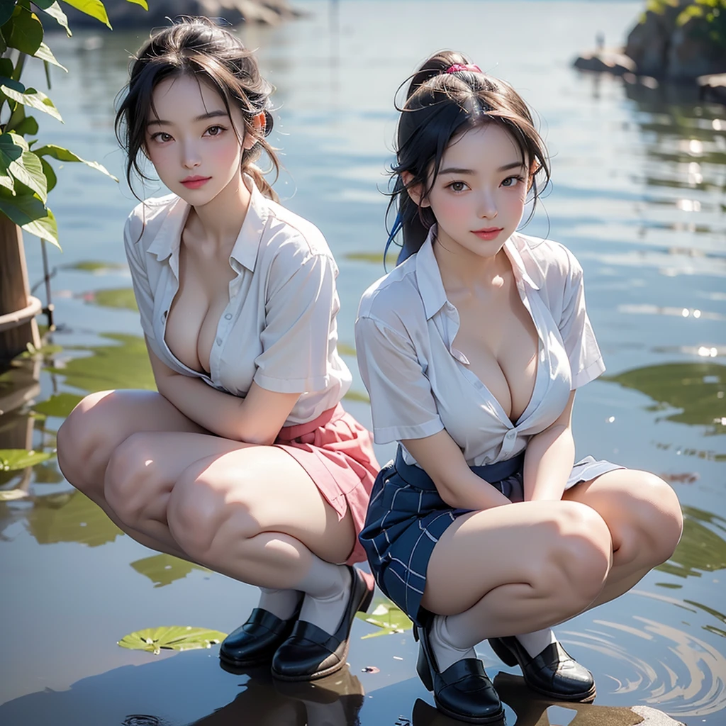 masterpiece, Very detailed, High resolution, Makoto Shinkai style, high school girl, Short sleeve shirt, Blue bow tie, Checked mini skirt, Elbows to the side, I clenched my arms., Blue Hair, Glossy, plump lips, Pink Lips, Shiny Hair, Stone steps with a park overlooking the sea in the background, Blue summer sky, Mouth closed and happy expression, Straight long hair, ribbon hair accessories, inquisitive eyes, Brown eyes, Midbust, Narrow waist, Upper body only, Girl reflected in a puddle, squatting over a puddle, whole body, Wear loafers,((((Emphasize cleavage))))