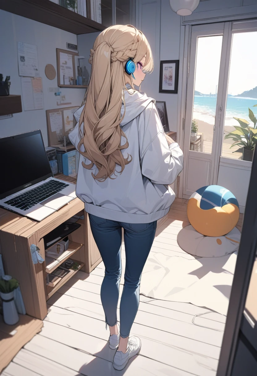 masterpiece, best quality, extremely detailed, ultra detailed, flat anime, 2D,
1girl, (young adult:1.2),blonde hair, (semi-long hair:1.2), curly hair, french braid, medium breasts, tsurime, purple eyes, height 1.7meters,
white hooded sweatshirt, jeans, earring,bracelet, long sleeves, ((Bluetooth small earphone)),
Back view of a laptop computer,Operating a laptop computer,
from behind, full body,
summer, livingroom, 12AM., standing