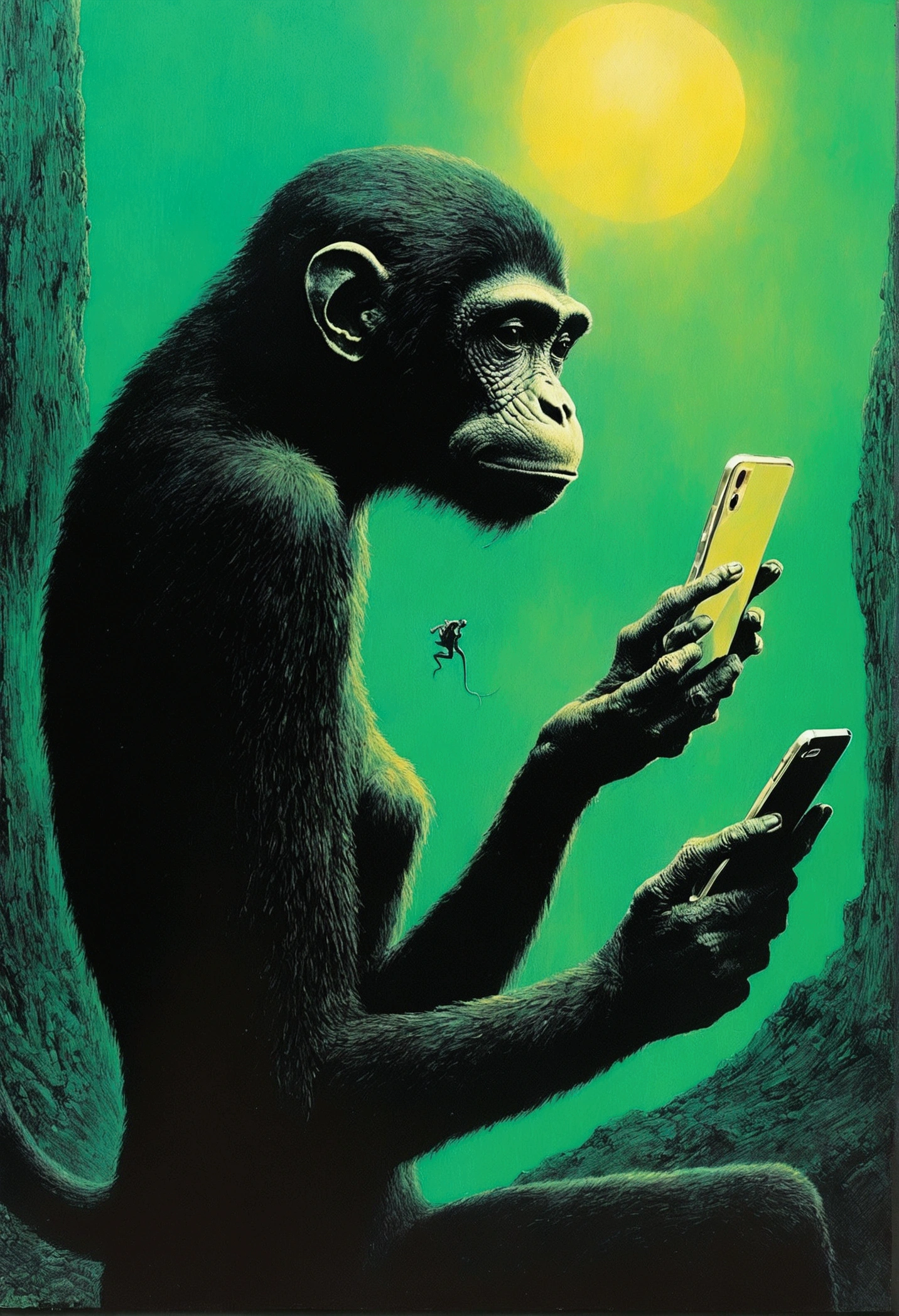 Monkeys are attracted to mobile phone screens，Looks very surprised，Old Sci-Fi Posters, author：Zsław Beksinski and Jean.Gillot