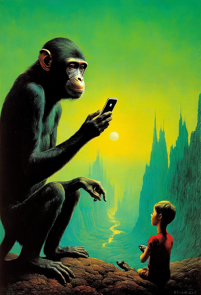 Monkeys are attracted to mobile phone screens,Looks very surprised,Old Sci-Fi Posters, author:Zsław Beksinski and Jean.Gillot