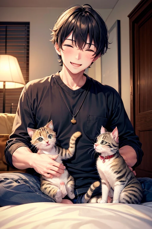 One man and three little kittens,Man surrounded by kittens,smile,Refreshing Men,とびっきりのやさしいsmile,Mouth wide open,猫もsmile