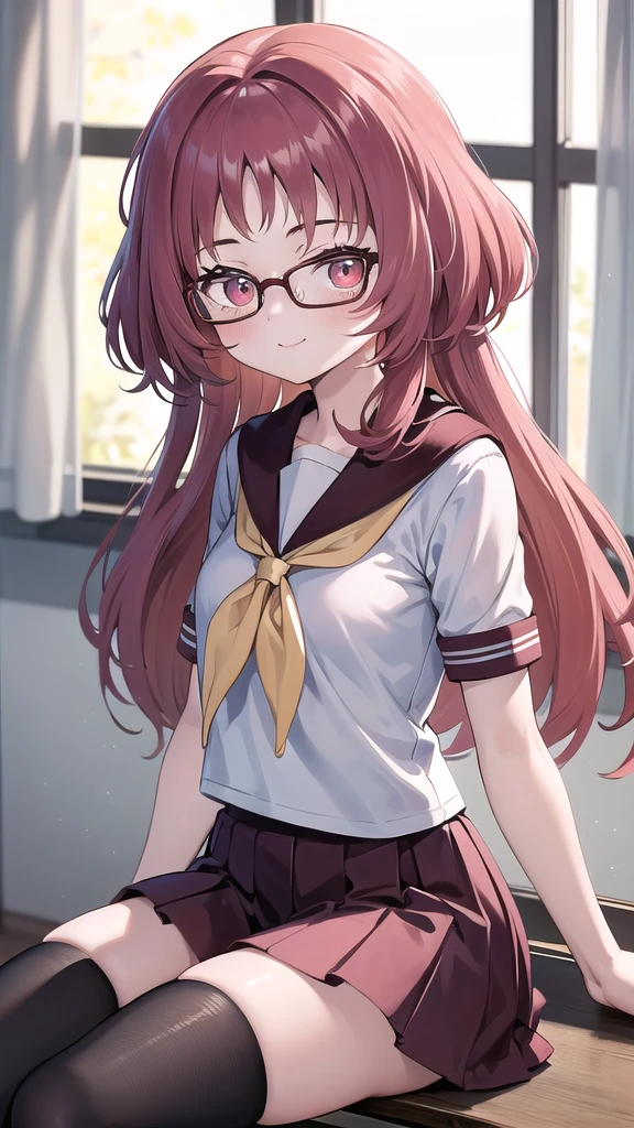 Masterpiece, perfect lighting, (beautiful, Best Quality: 1.3), Perfect eyes, absurd, 8k, 1 girl, alone, (absurds), finely detailed, eat_My, wide, Red eyes, Red hair, glasses rojas, small breasts, smiling, in love, looking at the viewer, sitting, thigh, glasses, wide, black stockings, Serapuku, sailor collar, yellow scarf, White shirt, purple eyes, Red dress, Red hair, classroom