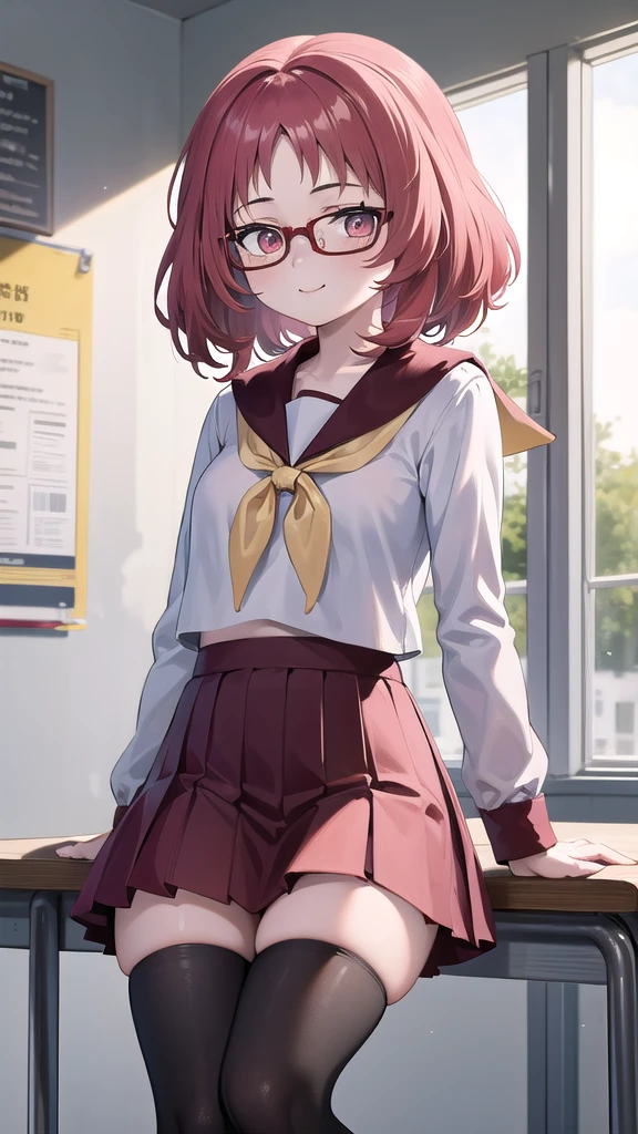 Masterpiece, perfect lighting, (beautiful, Best Quality: 1.3), Perfect eyes, absurd, 8k, 1 girl, alone, (absurds), finely detailed, eat_My, wide, Red eyes, Red hair, glasses rojas, small breasts, smiling, in love, looking at the viewer, sitting, thigh, glasses, wide, black stockings, Serapuku, sailor collar, yellow scarf, White shirt, purple eyes, Red dress, Red hair, classroom