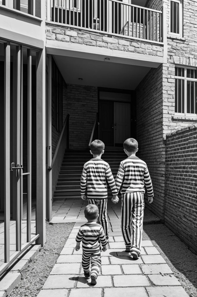 A picture of two boys holding hands in striped pyjamas entering a one storey brick buiding. Put a fence around the premises. They are not happy and they should be walking. And make more people in striped pajamas walk in with them. Some soldiers are following them. Make the picture pencil drawn on a white sheet of paper. Draw the outline only, no colour