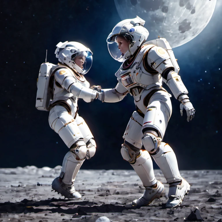 2 girls in mech suit playing footbal in the moon surface, tackling stance, interstellar background, light trail surrounded, epic realism, unreal engine, best wallpaper quality, 8k, super detailed, vivid color, dramatic light