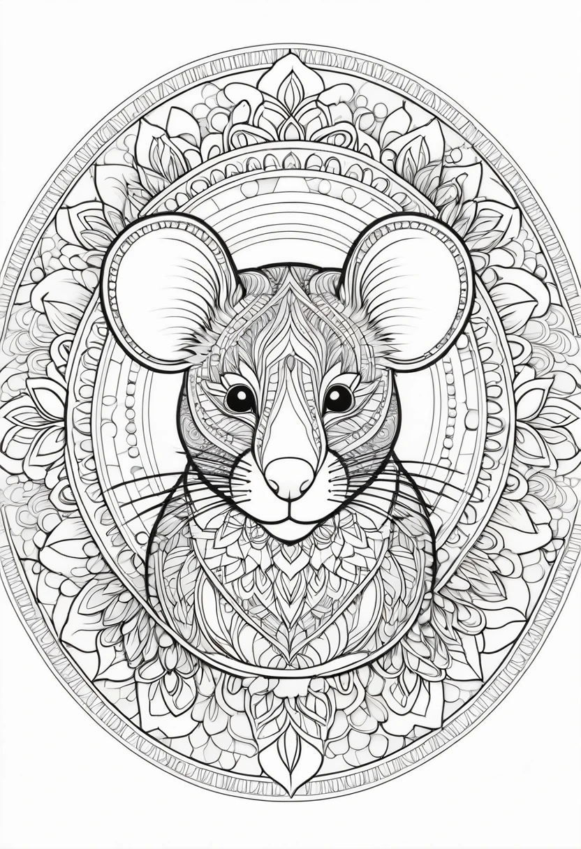 A striking black and white line art coloring page designed for adults with white background, featuring a majestic mouse in a mandala-inspired style. The mouse is adorned with intricate patterns that include floral and geometric designs, making it an engaging and detailed work of art. The illustration focuses on crisp, clean lines and bold outlines, without any shading or color, allowing the user to bring their own vibrancy to the piece. The minimalistic design, with its thick lines and absence of background details, creates a soothing coloring experience for adults seeking calming and creative activities. illustration