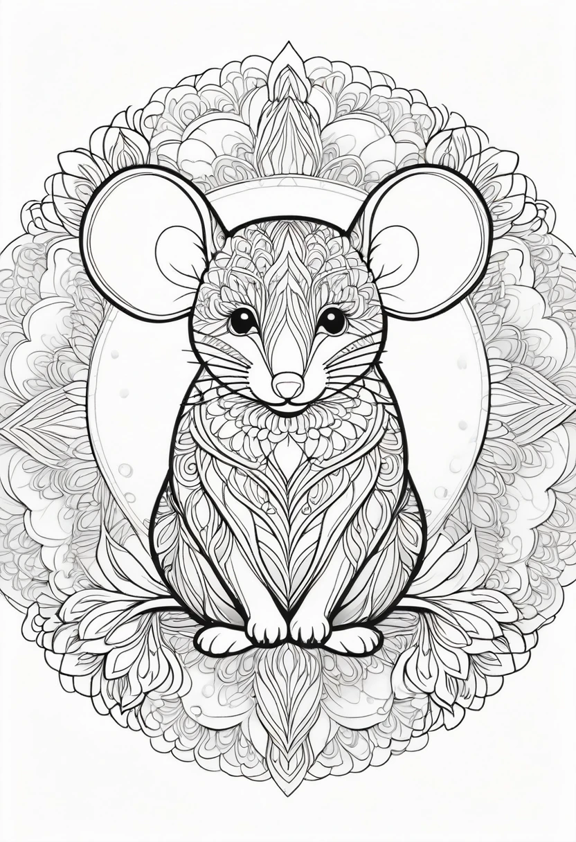 A striking black and white line art coloring page designed for adults with white background, featuring a majestic mouse in a mandala-inspired style. The mouse is adorned with intricate patterns that include floral and geometric designs, making it an engaging and detailed work of art. The illustration focuses on crisp, clean lines and bold outlines, without any shading or color, allowing the user to bring their own vibrancy to the piece. The minimalistic design, with its thick lines and absence of background details, creates a soothing coloring experience for adults seeking calming and creative activities. illustration