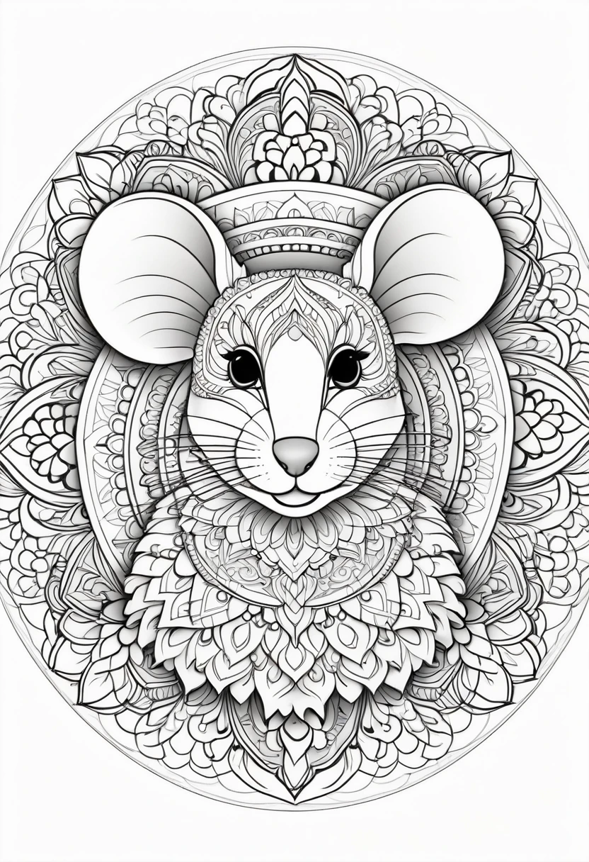 A striking black and white line art coloring page designed for adults with white background, featuring a majestic mouse in a mandala-inspired style. The mouse is adorned with intricate patterns that include floral and geometric designs, making it an engaging and detailed work of art. The illustration focuses on crisp, clean lines and bold outlines, without any shading or color, allowing the user to bring their own vibrancy to the piece. The minimalistic design, with its thick lines and absence of background details, creates a soothing coloring experience for adults seeking calming and creative activities. illustration