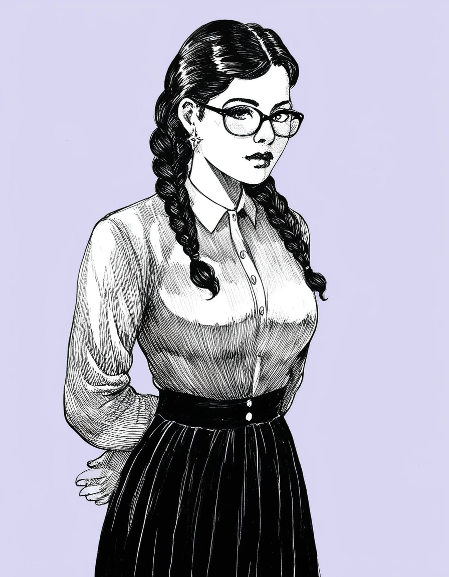 teenage, sp1t, monochrome, hyper detailed hatching shading, 1girl,solo,arm behind back,arms at sides,looking at viewer, standing,dark hair, braids,earrings,,glasses, collared shirt,long sleeves,black skirt, simple background, upper body,
