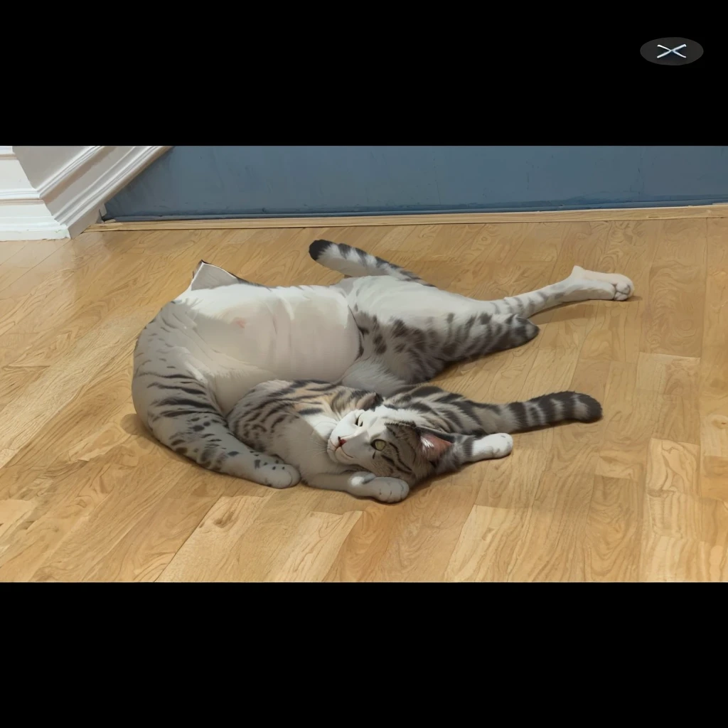 There is a cat lying on the floor playing with toys, she is Supine, He is relaxed, She has a round fat belly, Strike a sexy pose, Supine, Lay down, Happy and wise. His belly is elastic, Striking a majestic pose, Cat floating in the air, Take an action pose