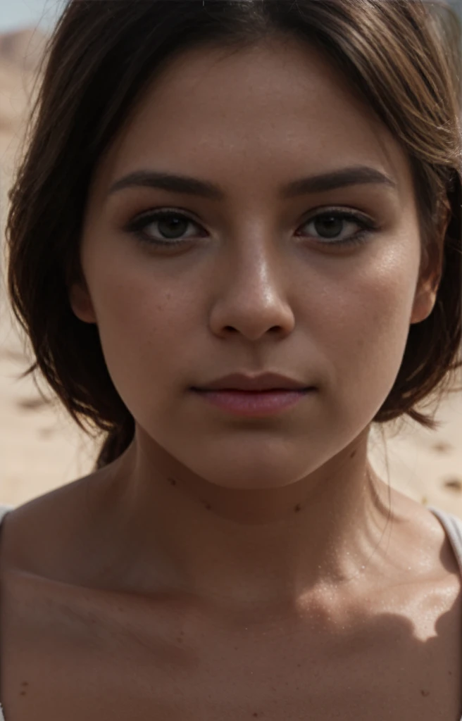 A woman in the desert, close-up portrait, photorealistic, glossy skin, white monochrome, detailed facial features, beautiful eyes,lips,nose, high resolution, 8k, best quality, masterpiece, cinematic lighting, moody atmosphere, minimalist background