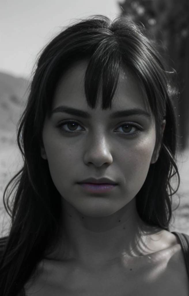 A woman in the desert, close-up portrait, photorealistic, glossy skin, white monochrome, detailed facial features, beautiful eyes,lips,nose, high resolution, 8k, best quality, masterpiece, cinematic lighting, moody atmosphere, minimalist background