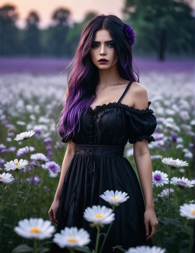 quality(8k wallpaper of extremely detailed CG unit, ​masterpiece, hight resolution, top-quality, top-quality real texture skin,hyper realisitic, digitial painting,increase the resolution,RAW photos，best qualtiy,highly detailed,the wallpaper),BREAK,8K, Girl in black messy and dirty dress , darkfantasy, standing in middle of white flower field , shot from back, long messy purple hair, night, horror scene, horror movie, horror mood