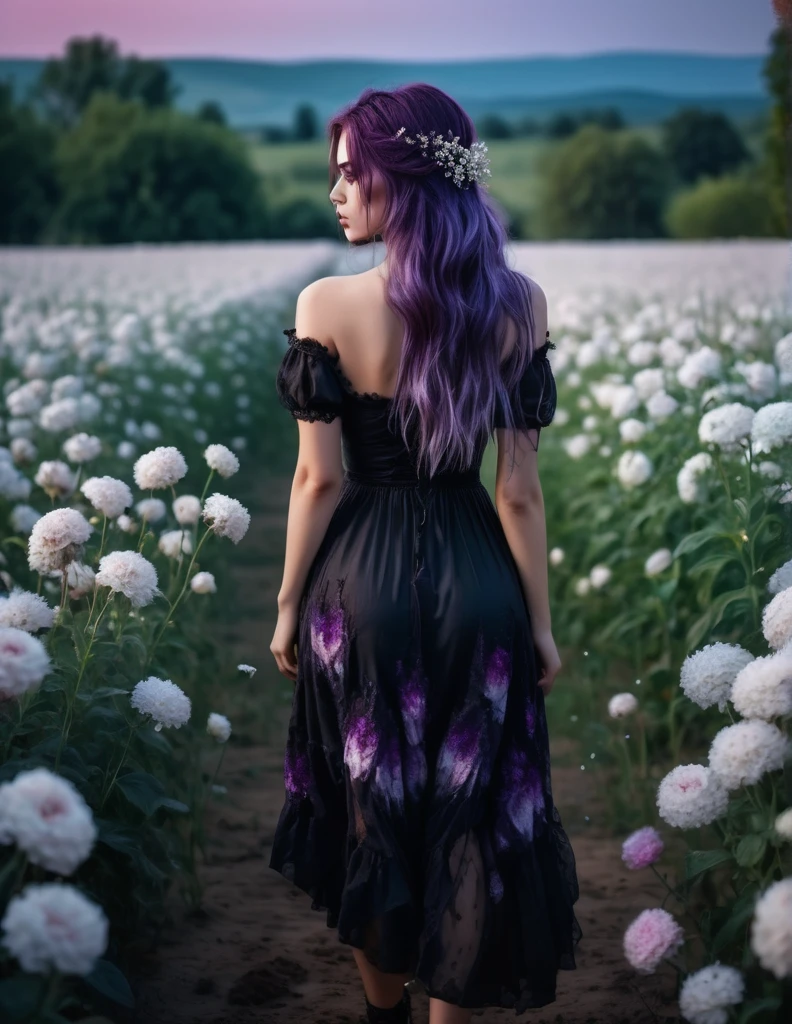 quality(8k wallpaper of extremely detailed CG unit, ​masterpiece, hight resolution, top-quality, top-quality real texture skin,hyper realisitic, digitial painting,increase the resolution,RAW photos，best qualtiy,highly detailed,the wallpaper),BREAK,8K, Girl in black messy and dirty dress , darkfantasy, standing in middle of white flower field , shot from back, long messy purple hair, night, horror scene, horror movie, horror mood