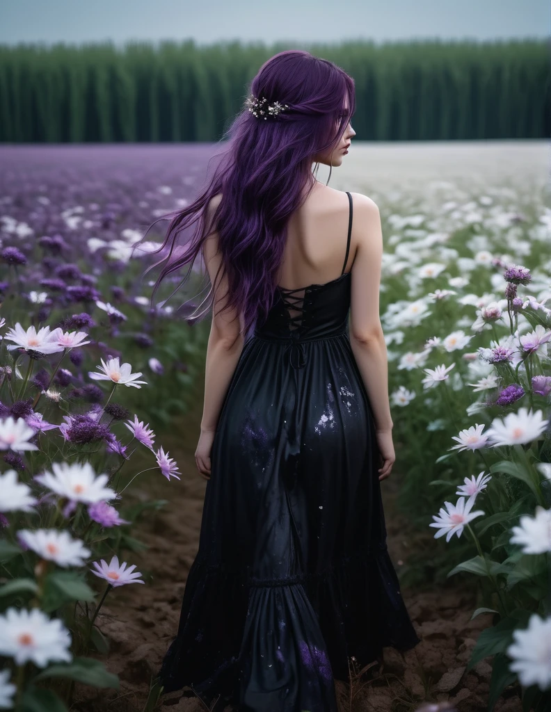 quality(8k wallpaper of extremely detailed CG unit, masterpiece, hight resolution, top-quality, top-quality real texture skin,hyper realisitic, digitial painting,increase the resolution,RAW photos,best qualtiy,highly detailed,the wallpaper),BREAK,8K, Girl in black messy and dirty dress , darkfantasy, standing in middle of white flower field , shot from back, long messy purple hair, night, horror scene, horror movie, horror mood