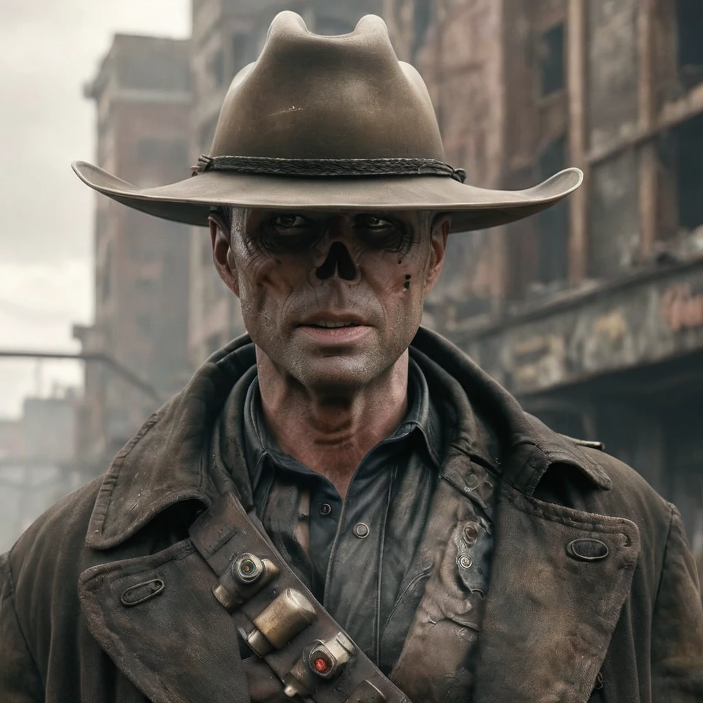 close up of Coop the ghoul with no nose but otherwise looking like 40 year old Walton Goggins the actor but with smooth burned skin, standing in a post apocalyptic ruined city, wearing a dirty dark brown cowboy hat and long dark brown dirty trench coat. Photo-realistic. From Fallout TV series. Cinematic, Rich color, masterpiece, hyper realistic, ultra detailed, high quality, best quality, 4k, 8k, hi resolution,