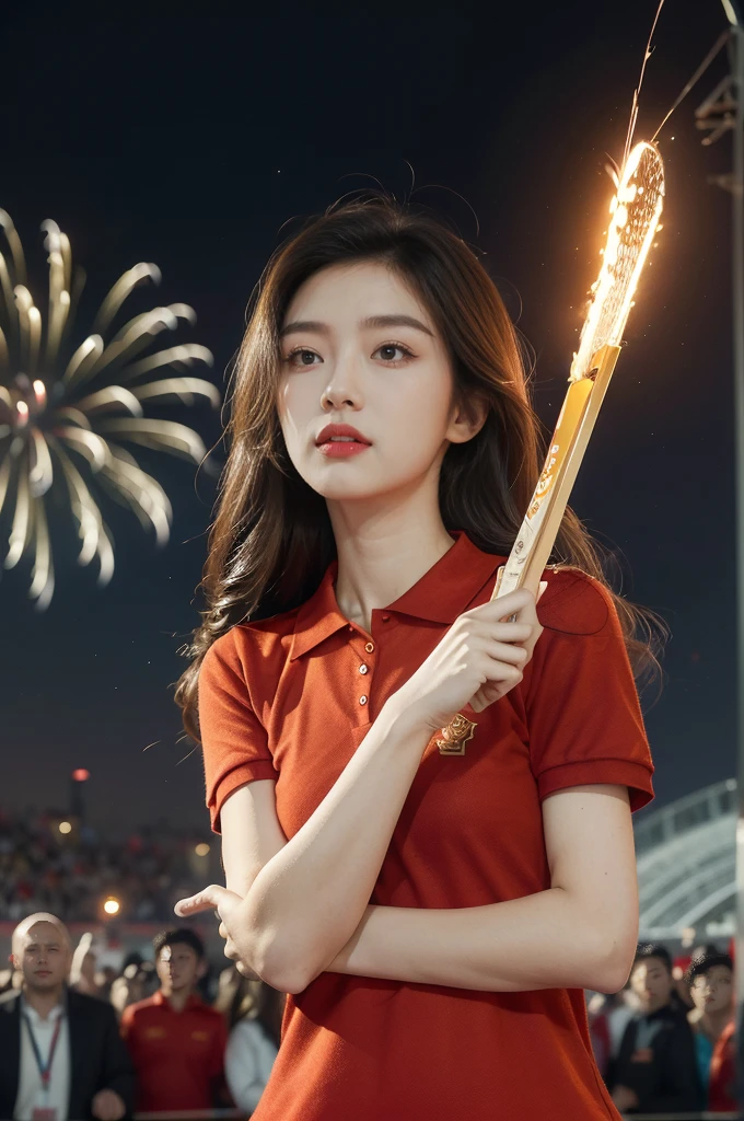 (((best quality))),(((ultra detailed))),(((masterpiece))),illustration, ((Olympic Opening Ceremony,in Paris,summer night,magnificent National stadium of France,Olympic torch lighting, fireworks)),(crowded crowds of enthusiastic spectators:1.3),((a beautiful Chinese girl,solo)),((shoulder length straight hair:1.2)),((slim,thin)),((small breasts,flat chest)),(short sleeves:1.2),(collar:1.2),(red polo shirt:1.5),(yellow skirt:1.2), excited expression, awe, celebrating, electric atmosphere, sense of pride, excitement, playing field, crowd energy, unity, camaraderie, representing China, historic event, memorable moment,((from front,upper body))