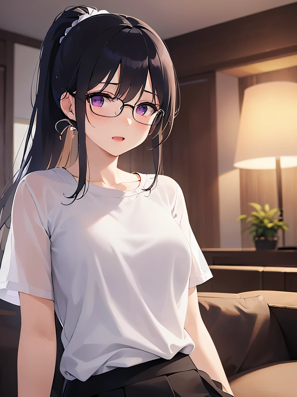 hand up, Biologically correct five fingers、plastic frame eyewear、Upper Body, Realistic, real person, (pale skin: 1.2), RAW photo, photorealistic, shiny skin, shiny hair、(25 year old woman with bangs) and (ponytail) and (black hair) and (purple eyes) , (White T-shirt) 、smile , open mouth, (blush:1.3), The background is the living room at night、Alone、Are standing、