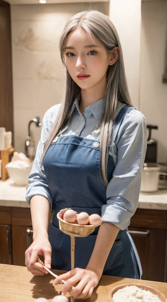 (Highest quality,Very detailed,Realistic:1.37),Silver long hair,Amazing blue eyes,Happy woman whisking eggs with chopsticks,Soft lighting,Pink Apron,figure