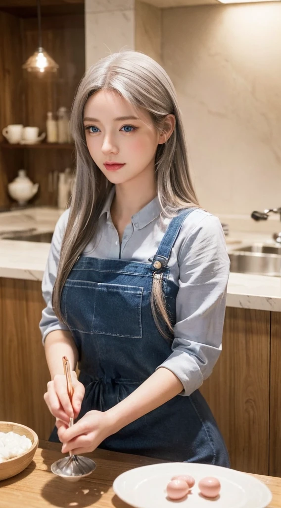 (Highest quality,Very detailed,Realistic:1.37),Silver long hair,Amazing blue eyes,Happy woman whisking eggs with chopsticks,Soft lighting,Pink Apron,figure