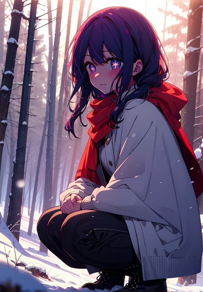 aihoshino, Ai Hoshino, Long Hair, bangs, (Purple eyes:1.1), Purple Hair, (Symbol-shaped pupil:1.5), smile,,smile,blush,white breath,
Open your mouth,snow,Ground bonfire, Outdoor, boots, snowing, From the side, wood, suitcase, Cape, Blurred, , forest, White handbag, nature, Squat, Mouth closed, Cape, winter, Written boundary depth, Black shoes, red Cape break looking at viewer, Upper Body, whole body, break Outdoor, forest, nature, break (masterpiece:1.2), Highest quality, High resolution, unity 8k wallpaper, (shape:0.8), (Beautiful and beautiful eyes:1.6), Highly detailed face, Perfect lighting, Highly detailed CG, (Perfect hands, Perfect Anatomy),