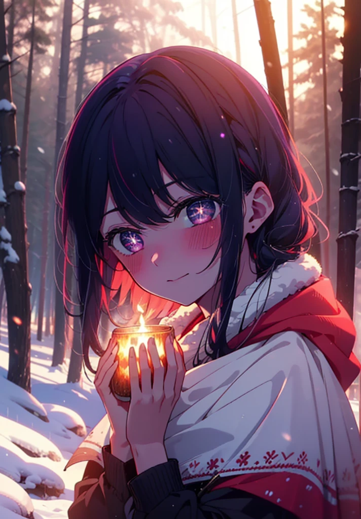 aihoshino, Ai Hoshino, Long Hair, bangs, (Purple eyes:1.1), Purple Hair, (Symbol-shaped pupil:1.5), smile,,smile,blush,white breath,
Open your mouth,snow,Ground bonfire, Outdoor, boots, snowing, From the side, wood, suitcase, Cape, Blurred, , forest, White handbag, nature, Squat, Mouth closed, Cape, winter, Written boundary depth, Black shoes, red Cape break looking at viewer, Upper Body, whole body, break Outdoor, forest, nature, break (masterpiece:1.2), Highest quality, High resolution, unity 8k wallpaper, (shape:0.8), (Beautiful and beautiful eyes:1.6), Highly detailed face, Perfect lighting, Highly detailed CG, (Perfect hands, Perfect Anatomy),