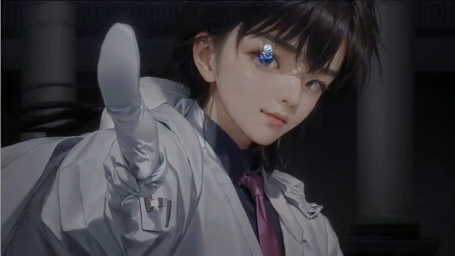 masterpiece, Highest quality, (Highly detailed CG Unity 8K wallpapers), (Highest quality), (Best illustrations), (Best Shadow), Absurd, Realistic lighting, (abyss), Beautiful sparkle, A cartoon character wearing a white coat and tie pointing at something, Shinji, Shinji ikari, makoto kano, aramaki Shinji, Another Iwakura, yukio - e, shinichi sakamoto, Another close-up of Iwakura, makoto shinka, close up of Another Iwakura, With index finger, Wearing a white coat