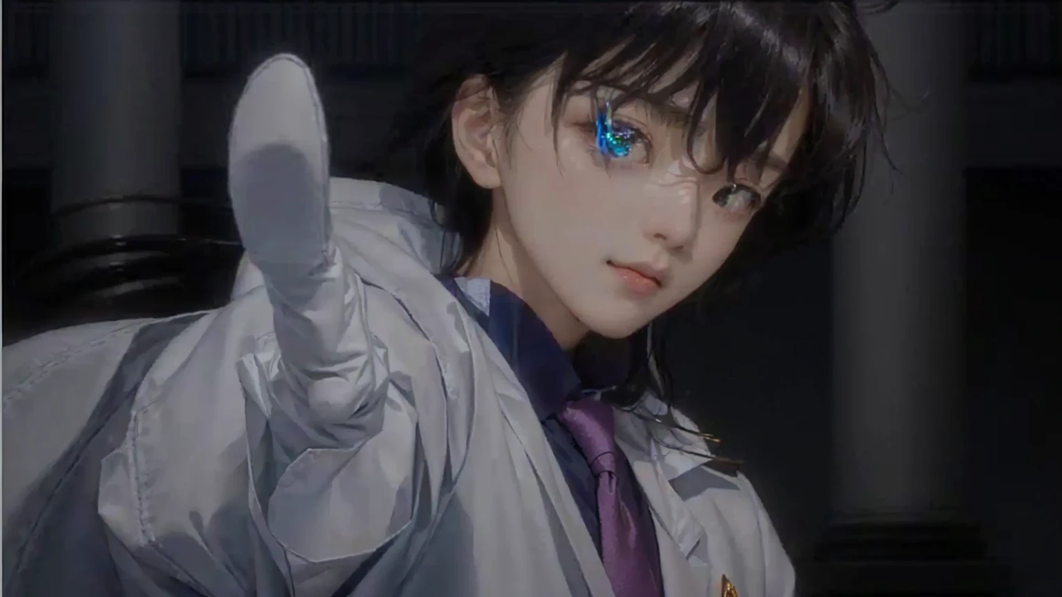 masterpiece, Highest quality, (Highly detailed CG Unity 8K wallpapers), (Highest quality), (Best illustrations), (Best Shadow), Absurd, Realistic lighting, (abyss), Beautiful sparkle, A cartoon character wearing a white coat and tie pointing at something, Shinji, Shinji ikari, makoto kano, aramaki Shinji, Another Iwakura, yukio - e, shinichi sakamoto, Another close-up of Iwakura, makoto shinka, close up of Another Iwakura, With index finger, Wearing a white coat