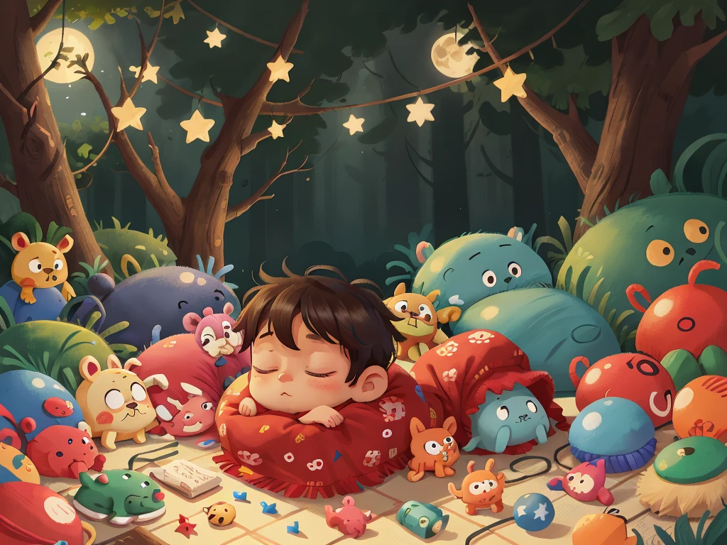 At night, under the stars, a newborn baby is sleeping soundly with toys placed around him.