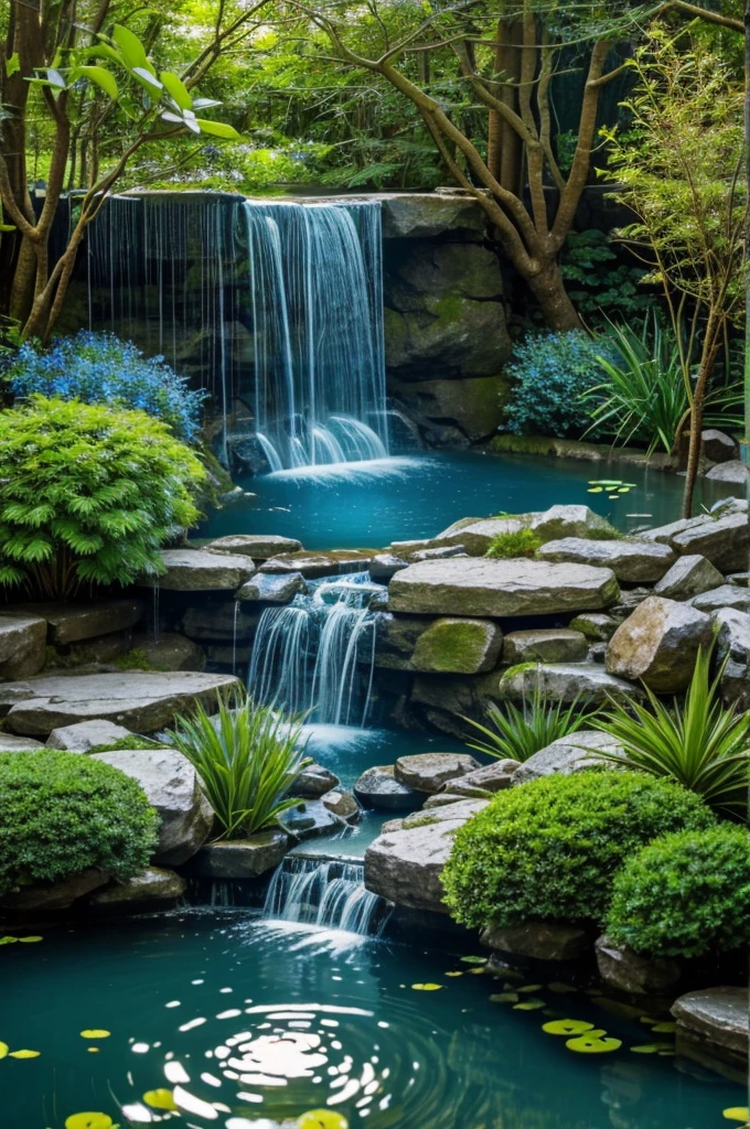 Small pond near a tree in a shape of 8 with a waterfall inside with blue tiles