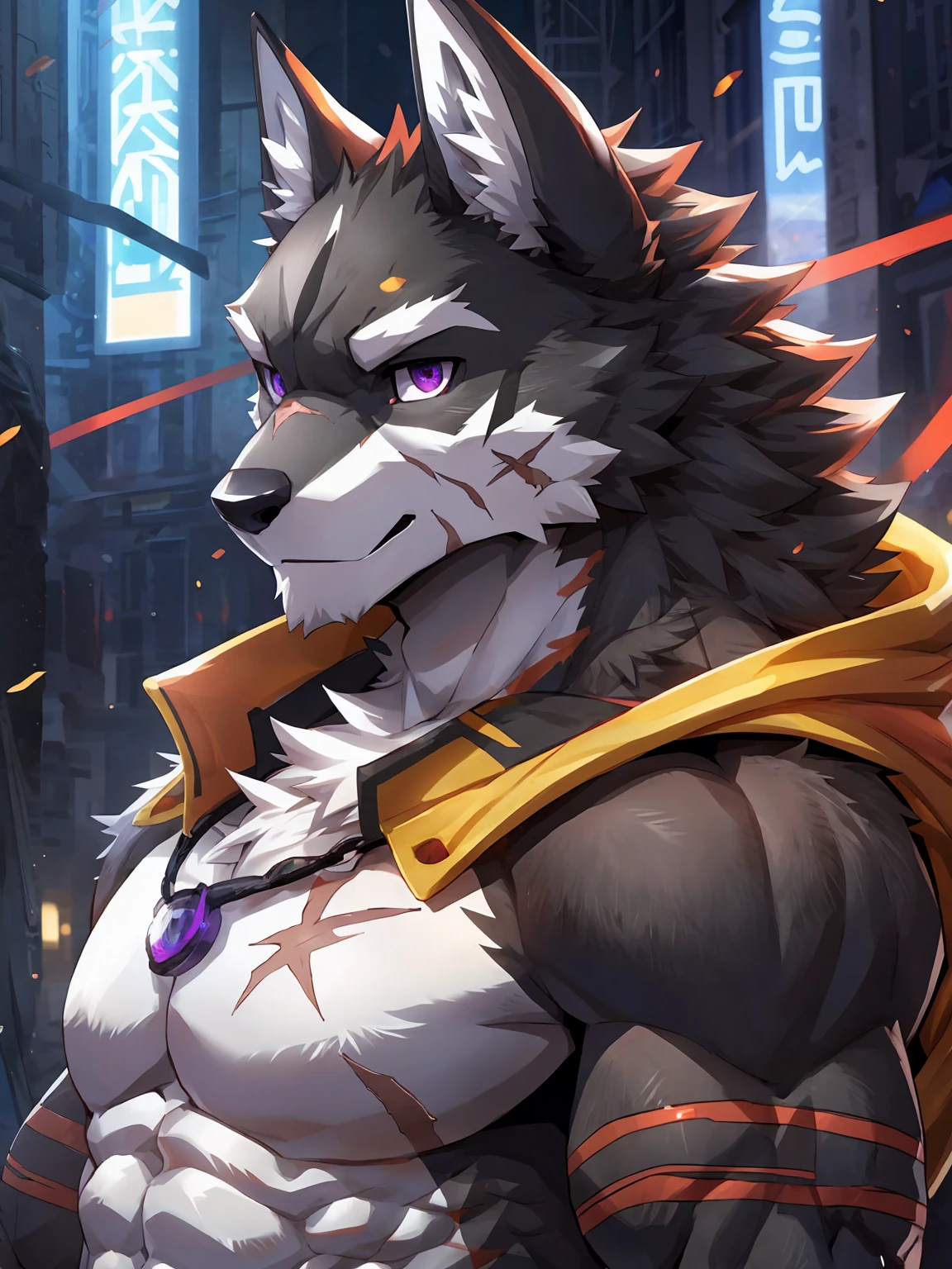 embedding:black wolf, male,purple eyes,Scar on the face, scar on the body,Single person,Profile photo.Cool,The highest quality of scene detail,adult,powerful,muscle,Best quality hands, best quality eye,detailed fur,Delicate eyes.Extreme picture quality,by sollyz,by zixiong,by forgetch