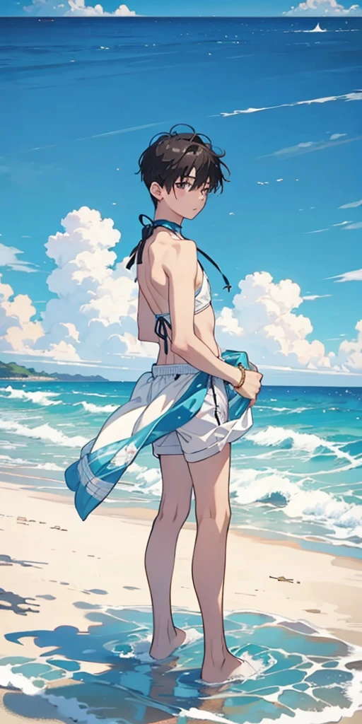 Swim ring、short hair、20-year-old male、Ocean、Beach、Base of ear、Nape、