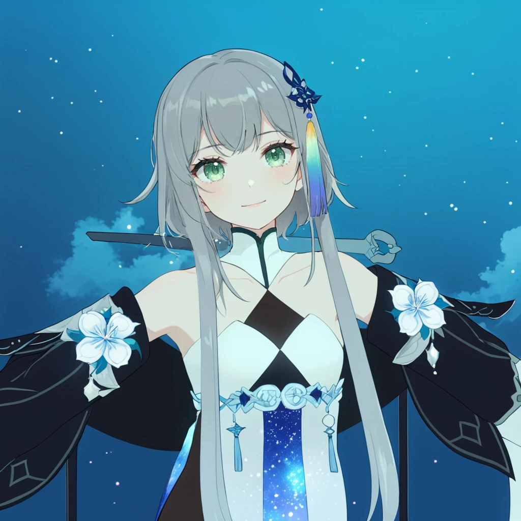 1girl, guizhong_\(genshin_impact\),light grey hair,short_hair_with_long_locks,starry_sky_print,detached_sleeves, long sleeves that drape over hands past fingers,dancing,hanfu,pale green-grey eyes,stunning field of softly glowing blue and white glaze lilies,night scene,gentle smile,moonlight,glossy lips,soft anime coloring,cel shading,smooth, soft dreamy focus,anklet,halter_top,white clothes,highly detailed,digital painting,field of flowers,bare_shoulders,mihoyo,barefoot,cool night tones, magical night scene,masterpiece, best quality, film, bokeh, multicolored light particles,professional, 4k, highly detailed,fireflies,Guardian nebula of rainbow light and silvery vapor,ai-generated,goddess of stardust,realistic:.25,starry_sky,milkyway