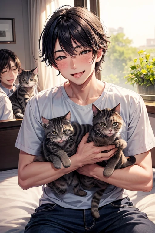 3 kittens,A man and his kitten,Man surrounded by kittens,smile,Refreshing Men,とびっきりの優しいsmile,Mouth wide open,blush,猫もsmile,room,bed