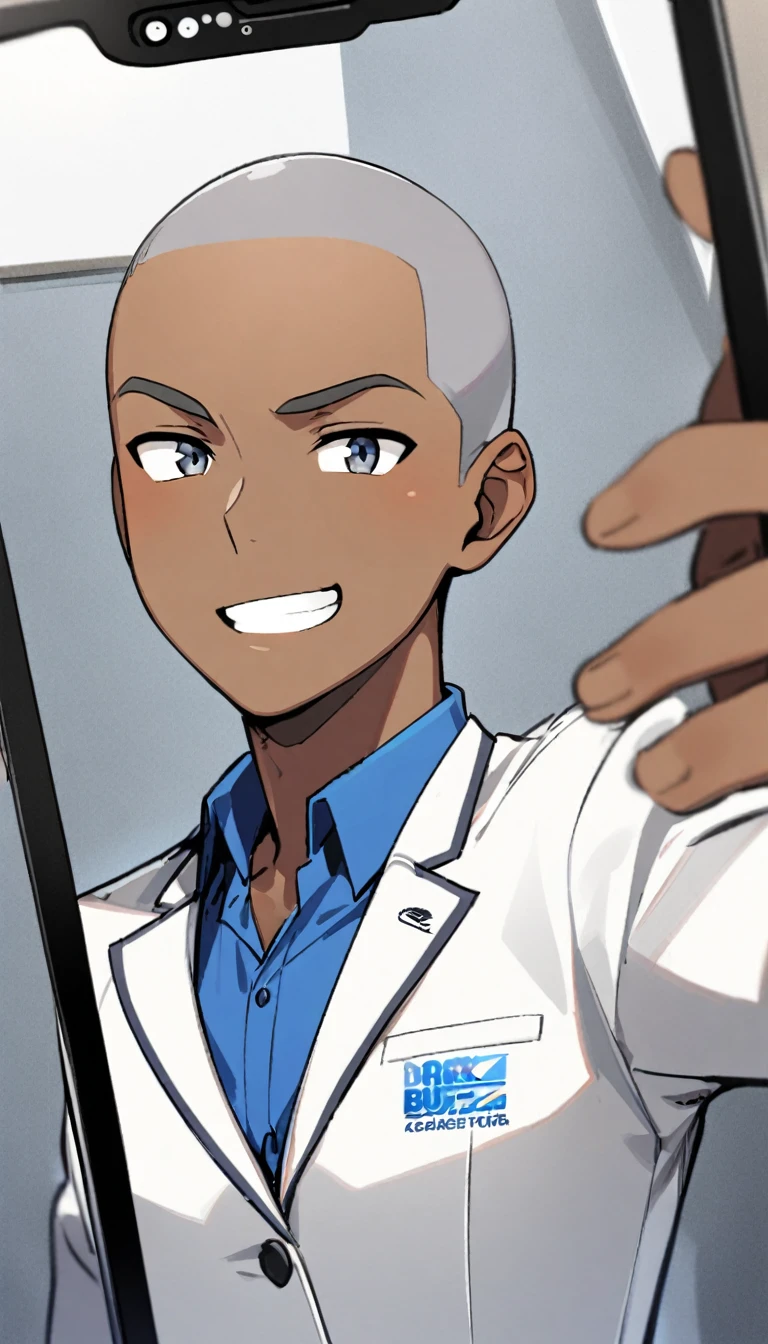 1boy,short silver buzz cut,dark skin, ,white blazer with logo ,selfie,
