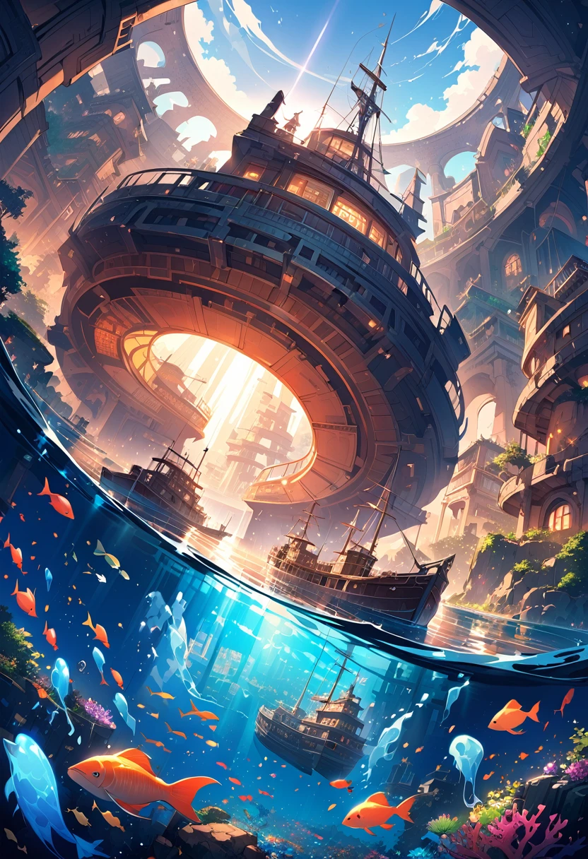 masterpiece,highest quality,ultra-detailed,high-definition background,8K,hi-res,high quality,break,An underwater city with ancient ruins and modern architecture intertwined, lush, colorful coral reefs surrounding the city, schools of vibrant fish swimming through the buildings, a serene, tranquil atmosphere with soft, ethereal lighting filtering through the water, bright sunlight streaming from the surface, creating shimmering patterns, gentle illumination from bioluminescent organisms, wide-angle shot to capture the expanse of the underwater city, slightly tilted angle to give a sense of depth and immersion, lens flare, fractal patterns, link flare, luminogram effects, multiple exposure,Christian Lassen, ghost ship, shipwreck, ancient ruins, building